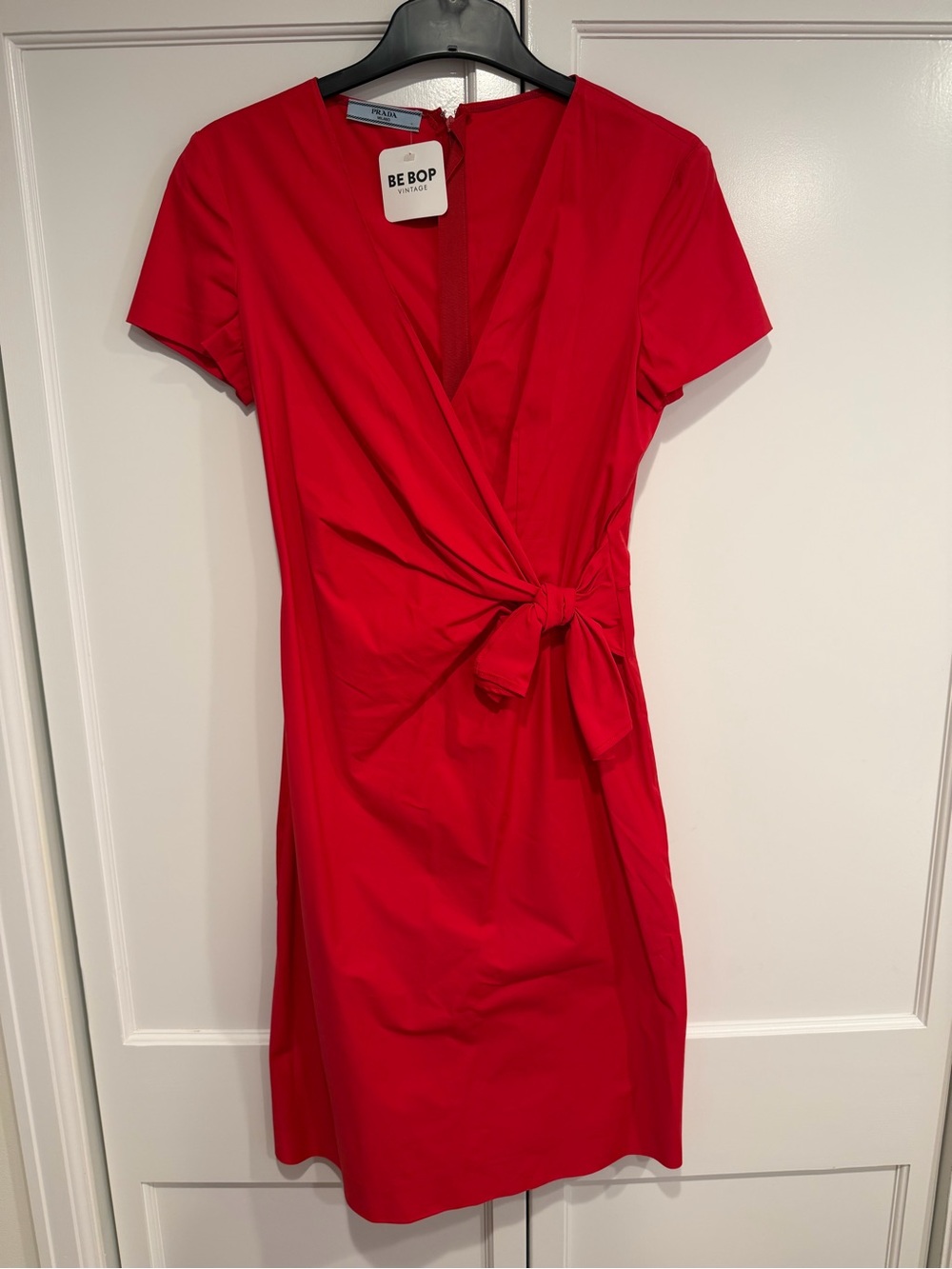 Authentic Prada Milano Red Stretch Poplin Wrap Sheath Dress